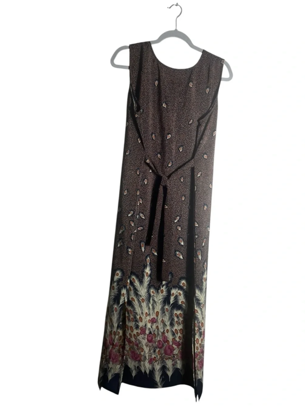 Vollr Maxi Dress Sleeveless Boho Feather‎ Floral Print Brown Long Dress Size M